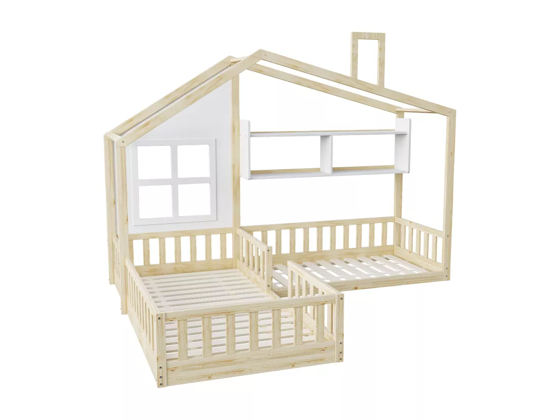 Lit enfant 70x140 cm/90x200 cm en bois - avec étagères et sommier à lattes - Naturel