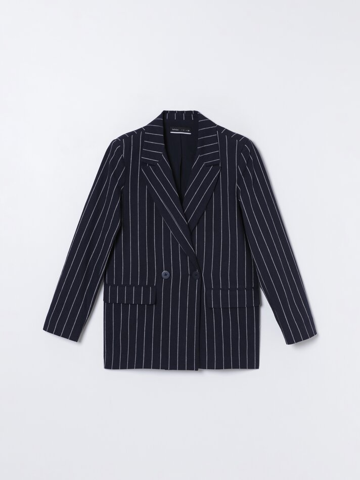Blazer listrado com gola de lapela - Azul-marinho