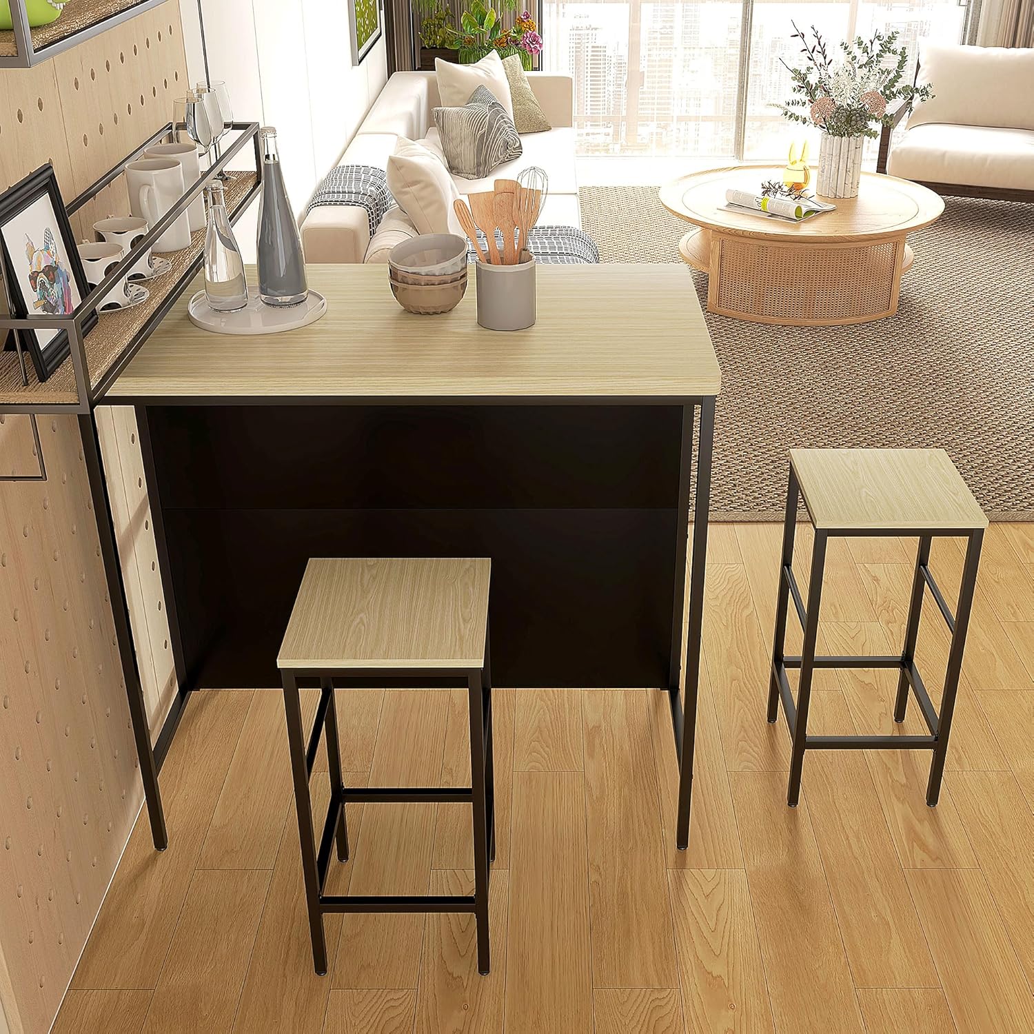 HOMCOM Bartisch mit Barhocker Set, 3-TLG. Bartisch-Set inkl. Küchentisch mit 2 Barhockern, 2 Ablage, Essgruppe im Modern-Stil, für Küche, Esszimmer, Stahl, Eiche