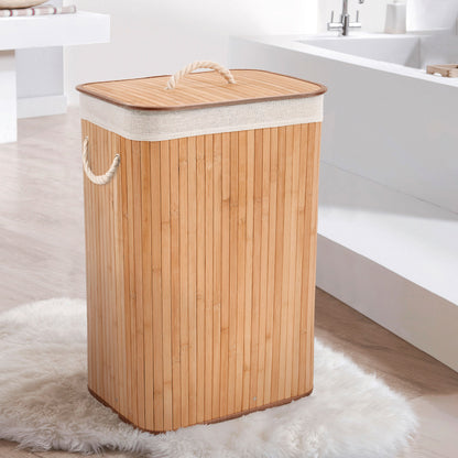 Panier à linge pliable en bambou avec couvercle et poignées