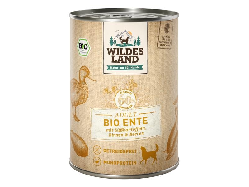 Wildes Land Nassfutter Ente mit Süsskartoffeln, Birnen & Be Alleinfutter aus Entenfleisch mit Süsskartoffeln, Birnen & Beeren
