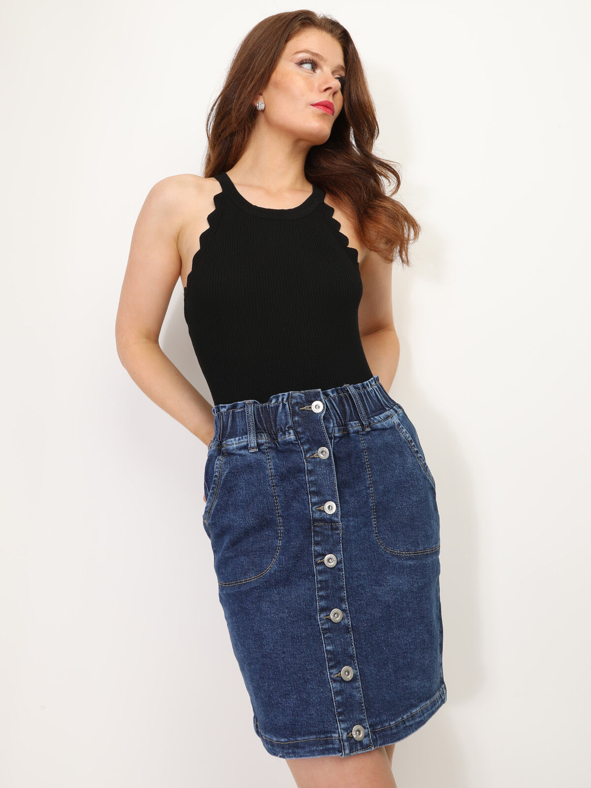 Jupe en jeans à boutons et poches- Bleu foncé