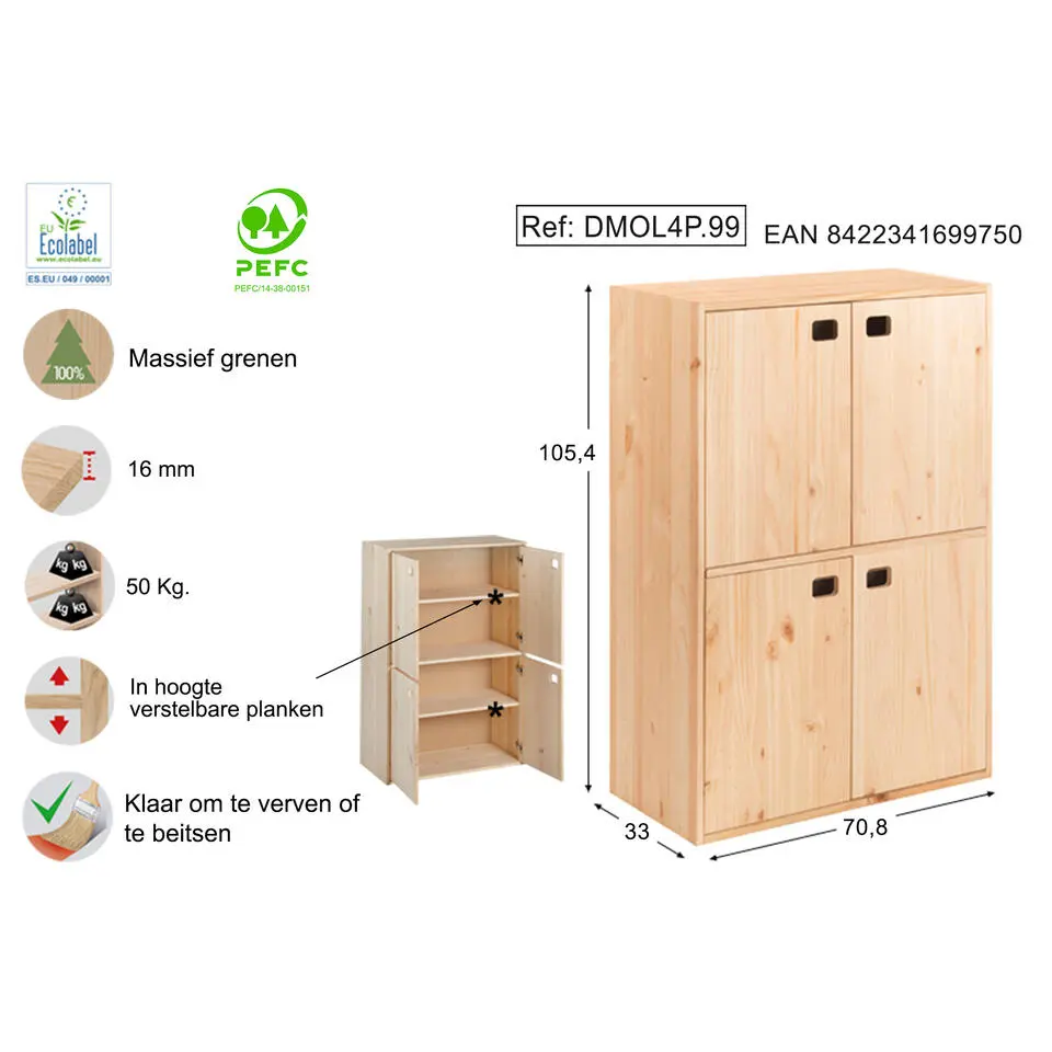 Astigarraga Dinamic Wandkast met deuren - PEFC grenen - 105x71cm