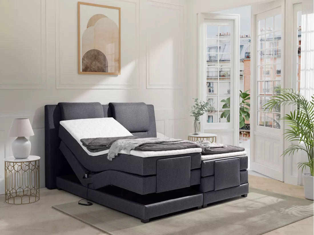 Ensemble complet boxspring tête de lit + sommiers relaxation électrique + matelas + surmatelas - 2 x 90 x 200 cm - Tissu - Anthracite - CASTEL II de PALACIO