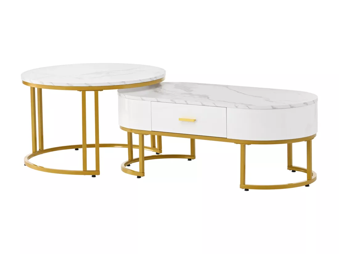 Lot de 2 tables basse gigognes avec tiroir - pièds métallique - placage marbré - blanc