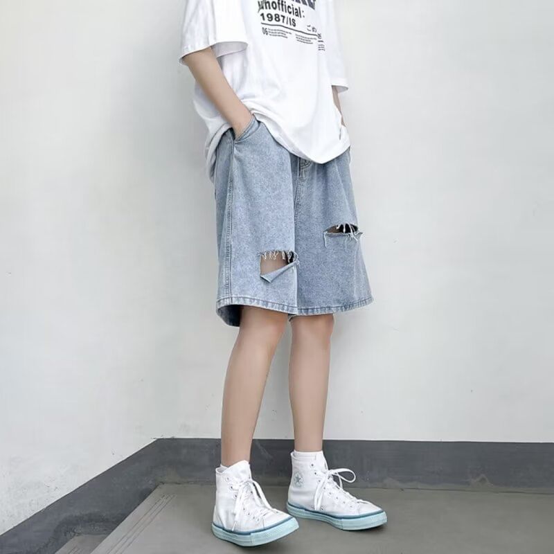 deersweeti - Mid Rise Washed Distressed Denim Shorts