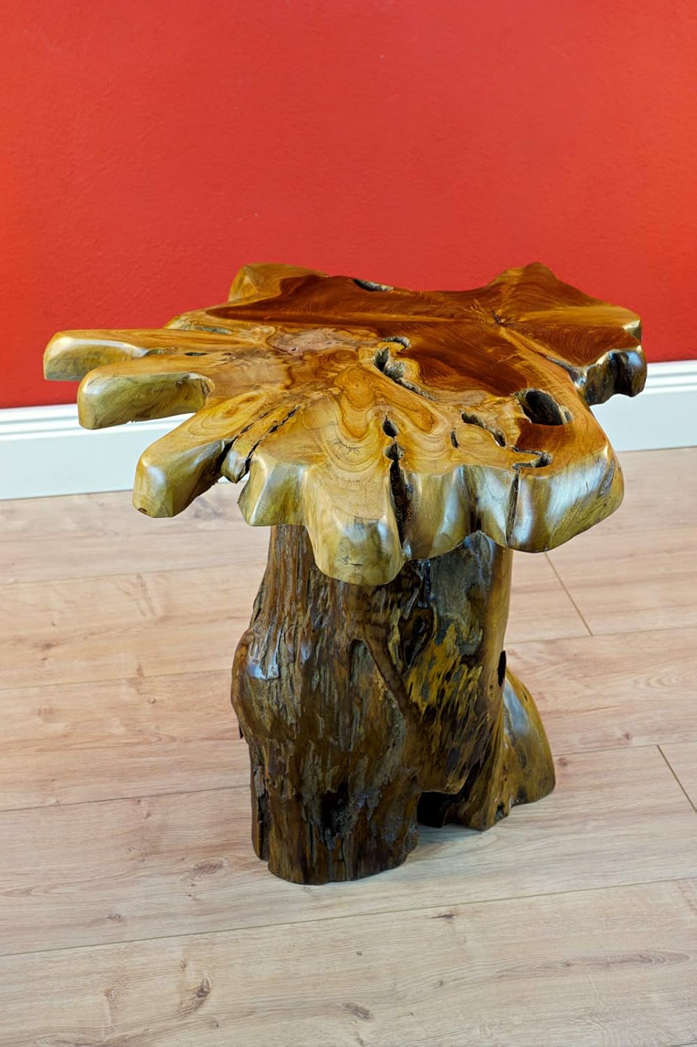 Kinaree Holz Beistelltisch mit Baumscheibe ALOR Setar mit Ø ca. 60cm - Kleiner Wurzelholz Couchtisch aus massivem Teak in rustikaler Optik mit Tischplatte aus Wurzel Baumscheibe (50 x 55-60 cm)