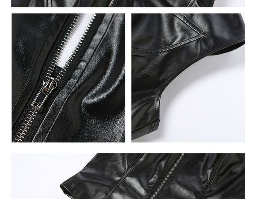 Bababy - Mock Neck Plain Faux Leather Crop Tank Top met Ritssluiting