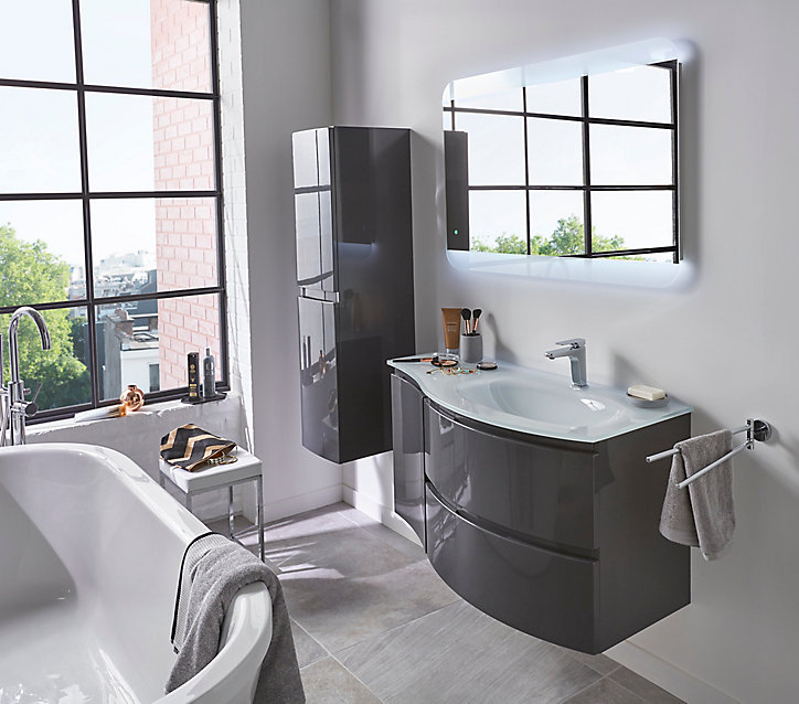 Meuble sous vasque gris anthracite Vague 104 cm + complément gauche + plan vasque en verre