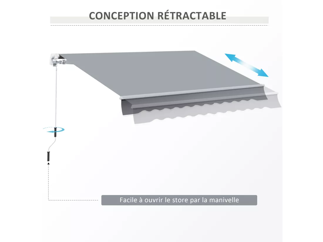 Store banne manuel rétractable alu. polyester imperméabilisé haute densité 4 x 2,5 m gris