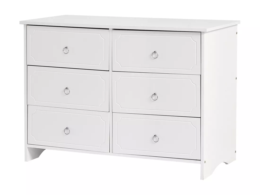 Armoire à miroir, commode 6 tiroirs, miroir amovible, patins silencieux, MDF + panneaux de particules, blanc