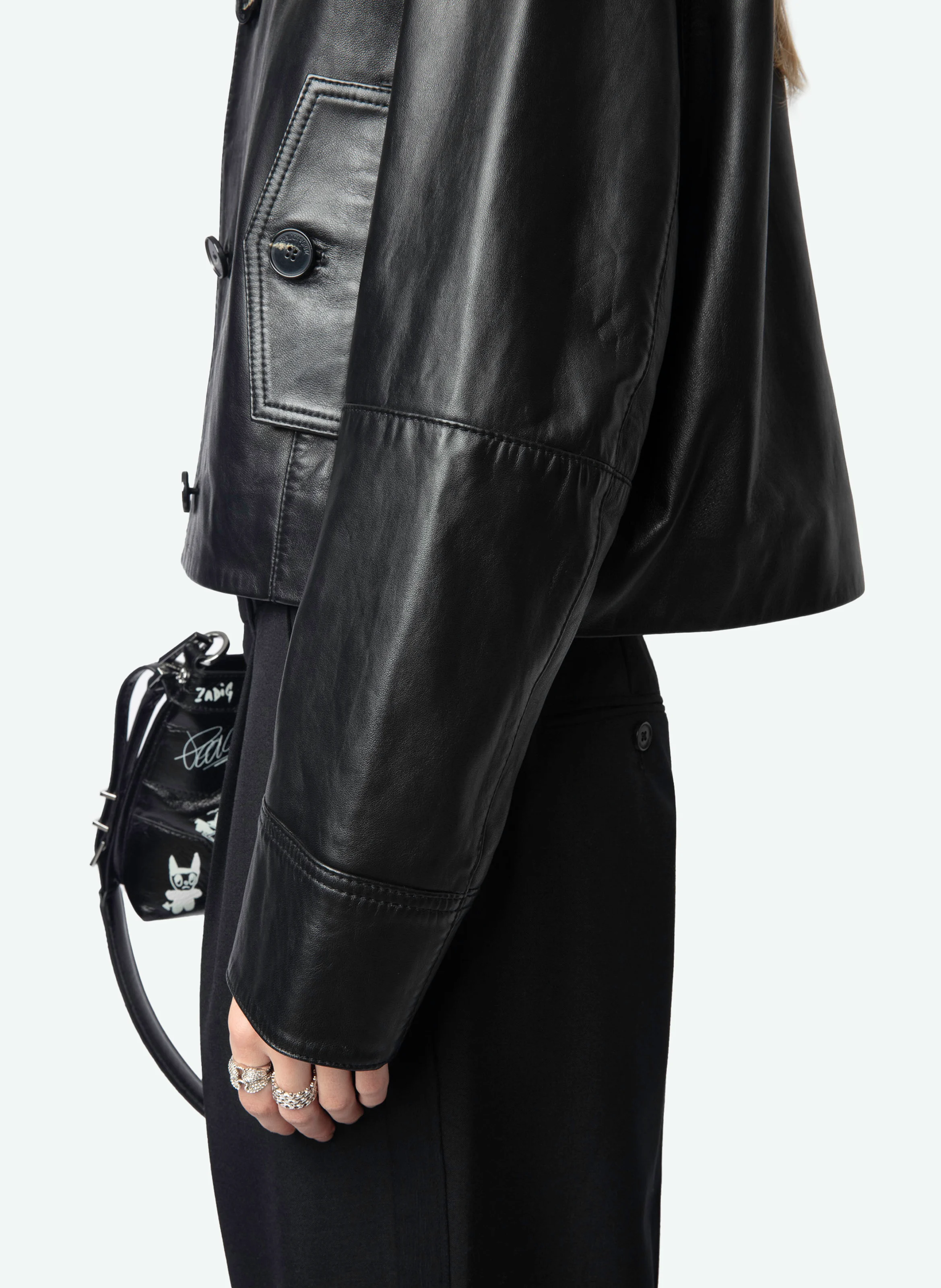 LISTON - Blouson court boutonné en cuir lisse | Noir