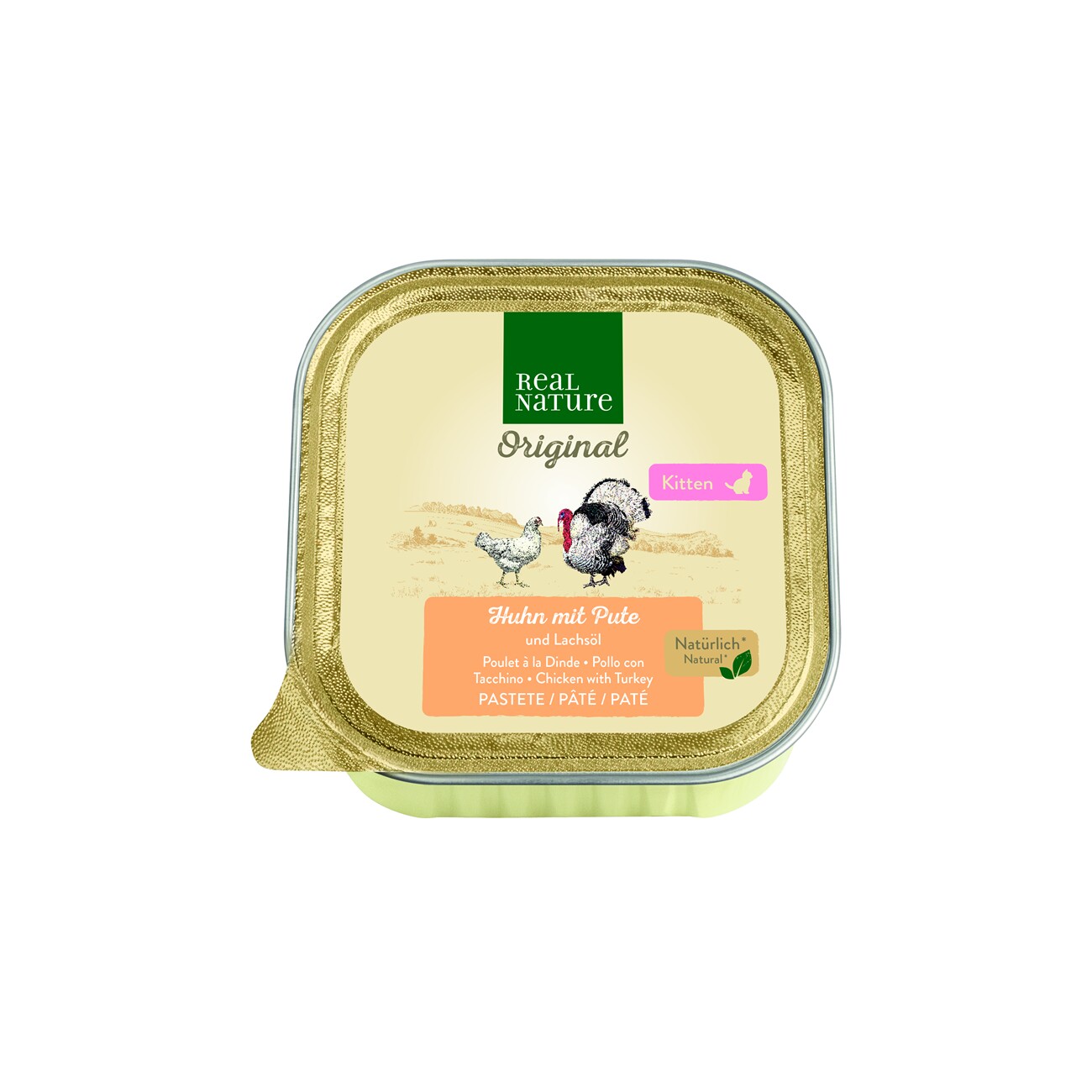 REAL NATURE Original Nassfutter Katze, Kitten, Huhn mit Pute und Lachsöl 16x100 g