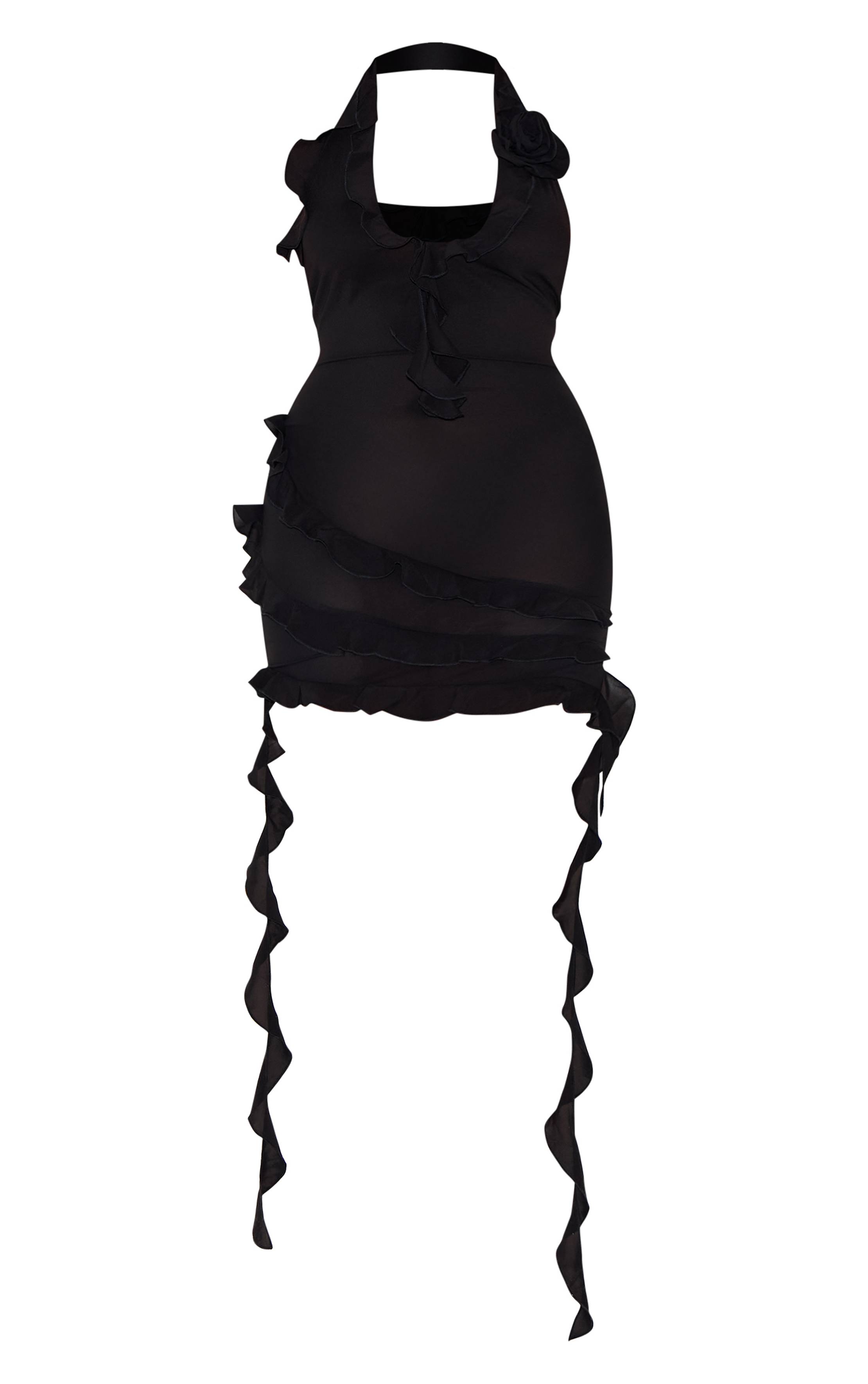 Noir Robe Mini Moulante À Col Licou Avec Détail À Volants