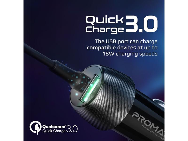 Promate Autoladegerät PowerDrive-33PDC QC3.0, Car Charger Schnelllade-Adapter mit USB-C Spiralkabel