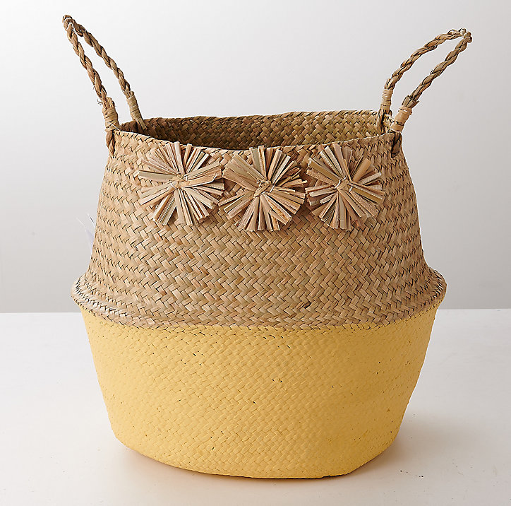 Panier en fibres naturelles Pompons jaune