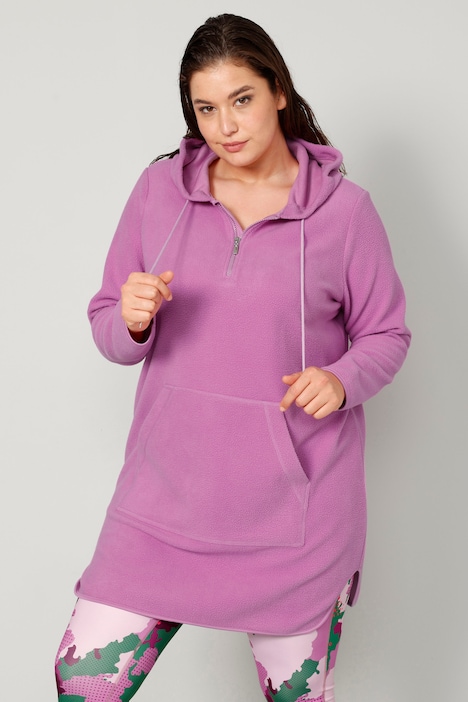 Long-Hoodie, oversized, Teddyfleece, Kapuze mit Zipper, Kängurutasche