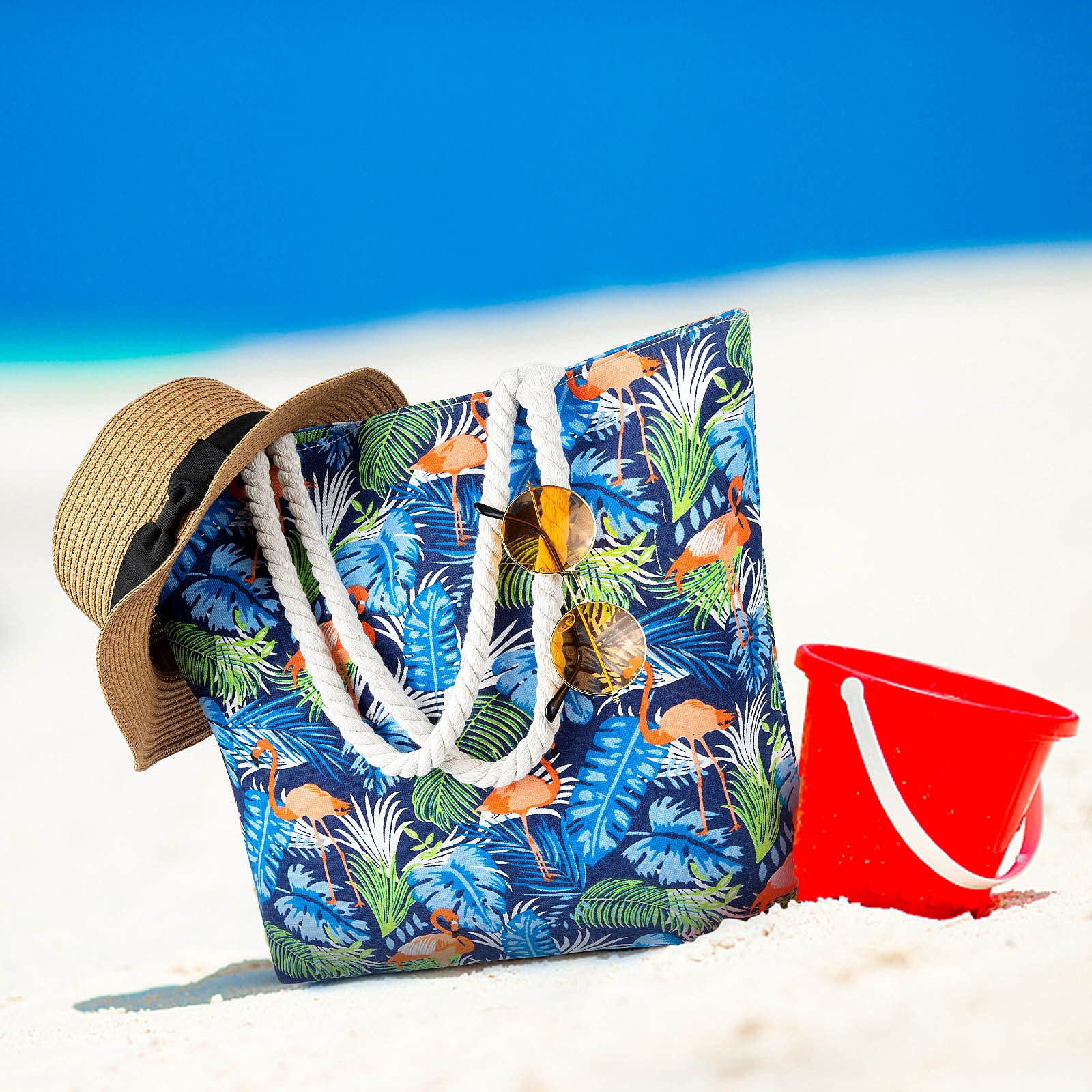 (45x33cm) Leinen Strandtasche Flamingo Stoff Tragetasche - Dunkelblau
