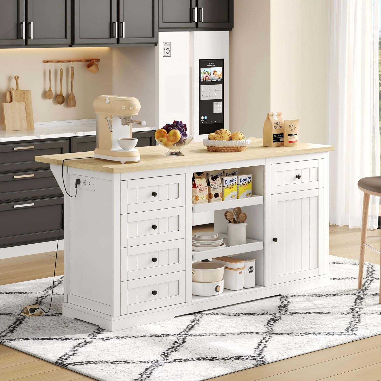 BTM Sideboard,Kücheninsel, Bar-Schrank mit 5 Schubladen, 2 Ausziehböden, klappbarer Erweiterungsplatte und integrierten Steckdosen, für Küche, Esszimmer und Wohnzimmer, Weiß, 150×65×75 cm