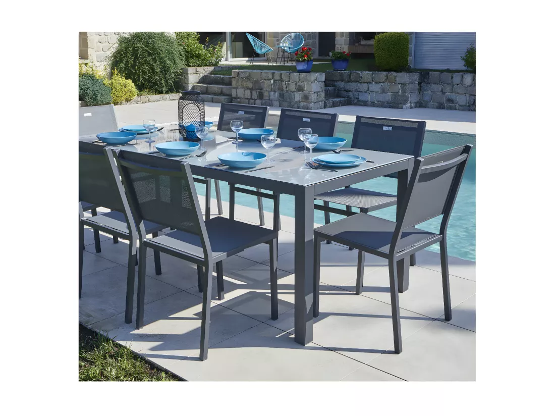 CADAQUES - Ensemble table et chaises de jardin - 8 places - Gris Anthracite