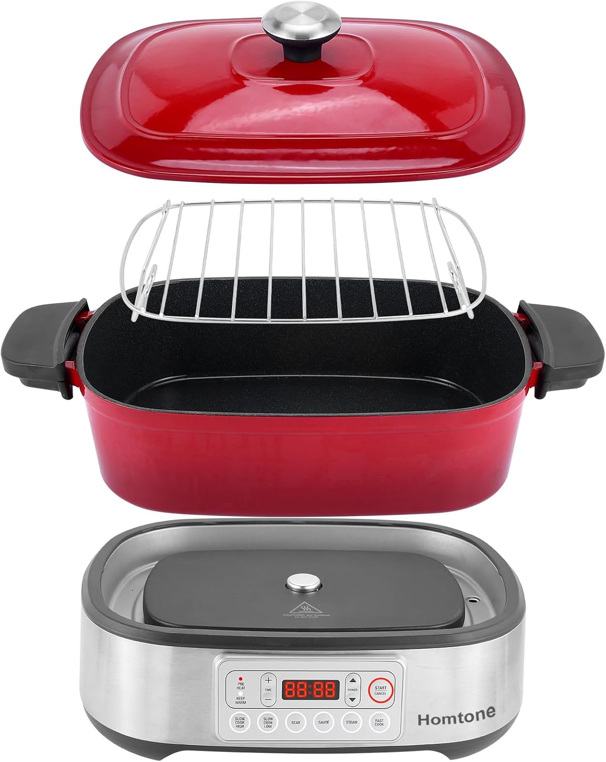 Homtone Slow Cooker Schongarer 6-in-1, 5,5L Multikocher Programmierbarer Abnehmbarer Emaille-Schmortopf, Keramik-Antihaftbeschichtung, Langsames Garen, Anbraten, Dämpfen mit Dampfgarrost, Rot