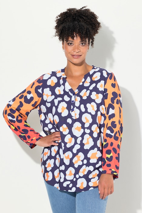 Bluse, Leo-Mustermix, Tunika-Ausschnitt, Langarm
