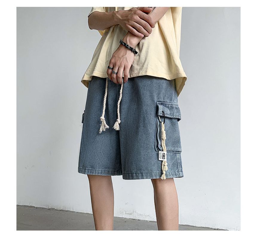 Femilina - Mid Rise Washed Denim Cargo Shorts