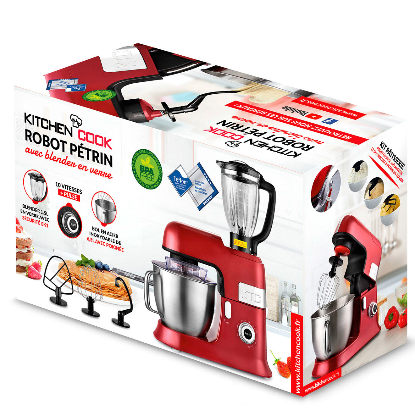 Kitchencook Robot pétrin avec bras amovible à 35° rouge - 1.5 L