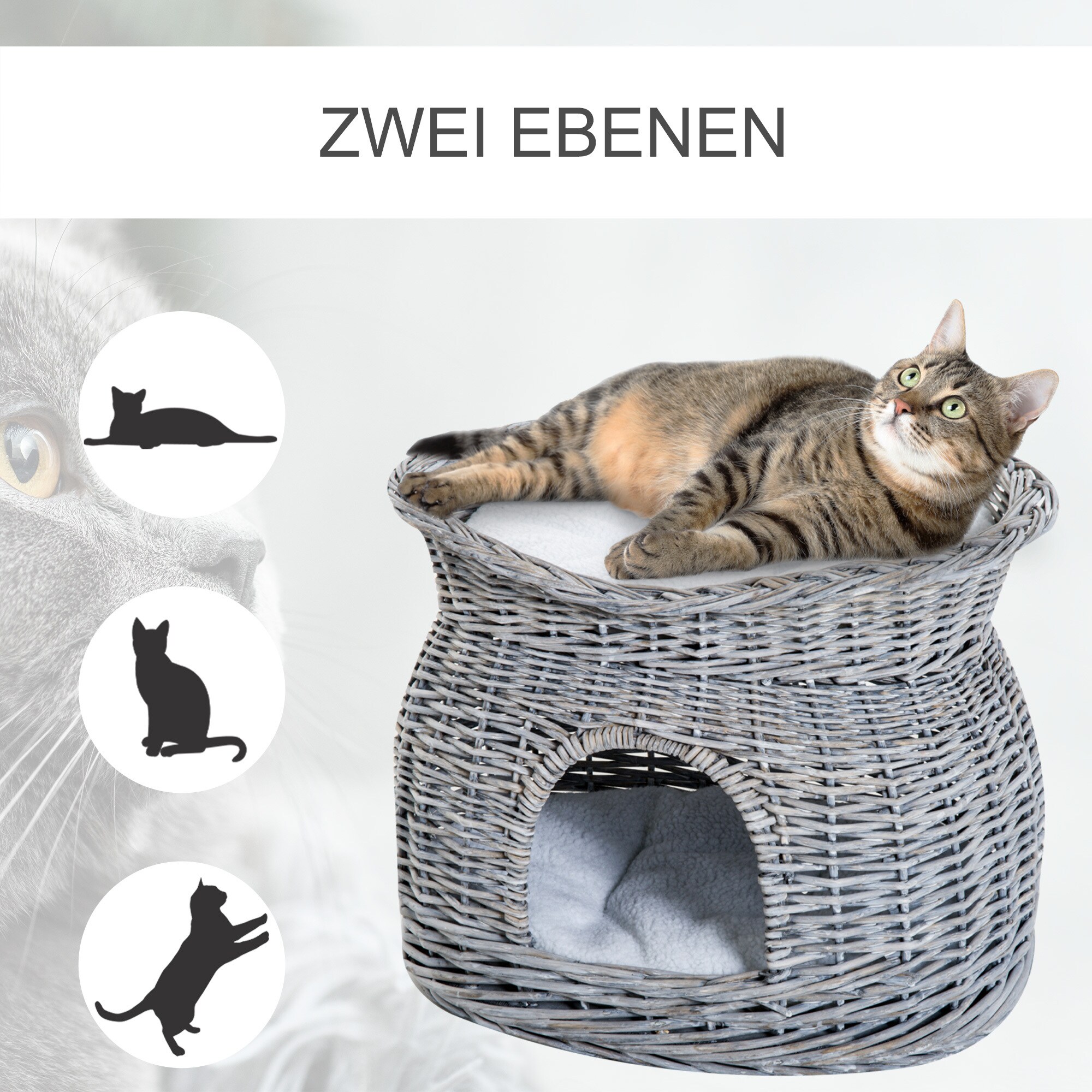 PawHut Katzenkorb mit 2 Kissen grau 56 x 37 x 40 cm (LxBxH)