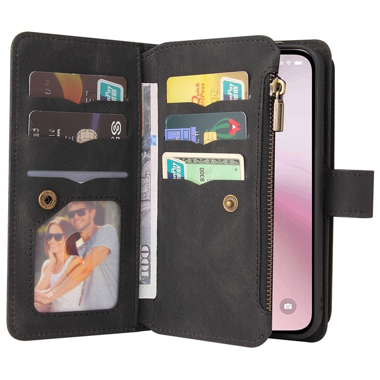 iPhone 16e Leder Tasche Flip Cover Kartenfächer mit Druckknopfverschluss   Handschlaufe - Schwarz