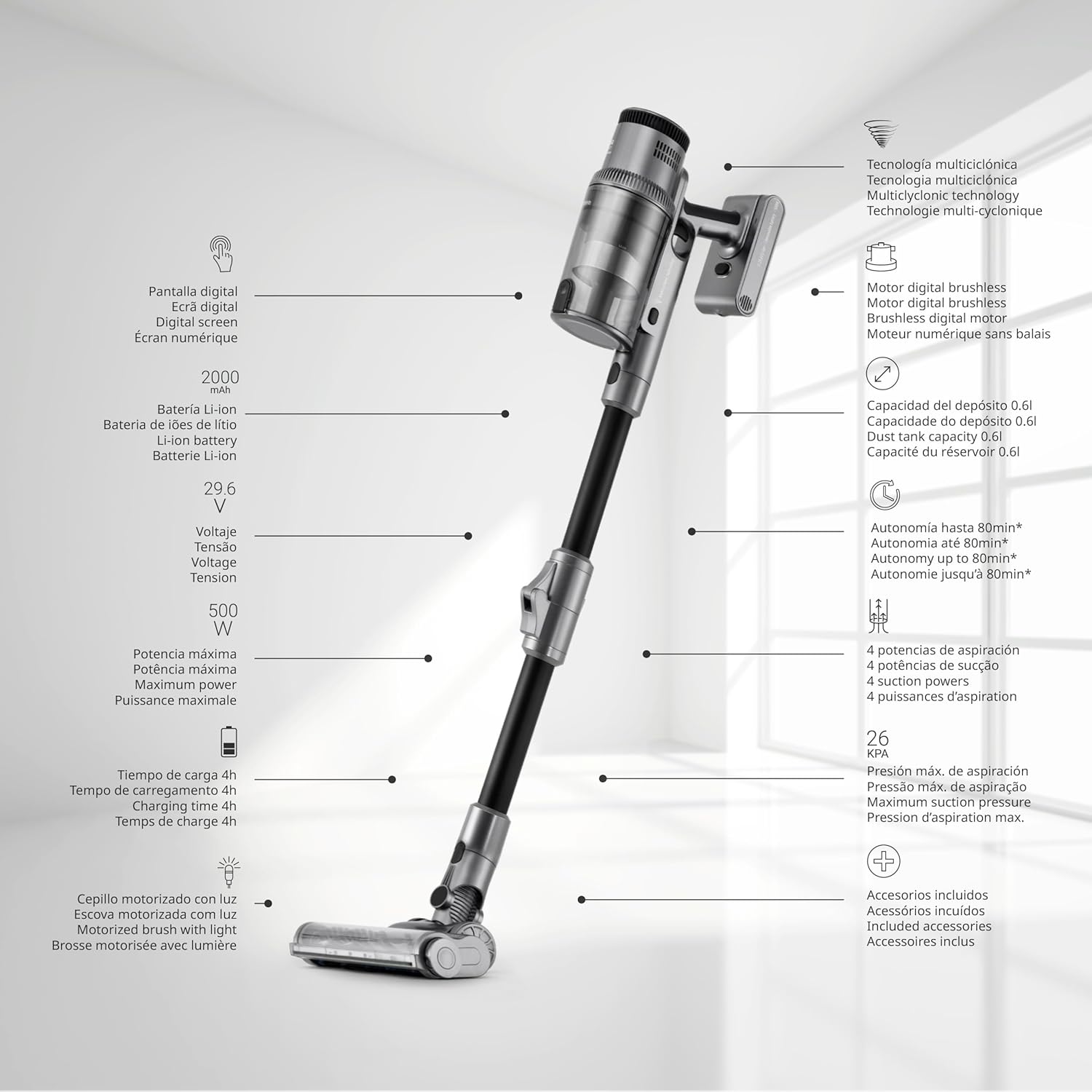 Ufesa Z7 Digital Animal Akku Staubsauger, Selbstladender-Flexibler, 29.6V, LED Touchscreen, 26KPa, 500W, 80 min, Multi-Surface Brush mit Licht, 4 Modi, Zubehör Pets/ Tierhaare/Teppiche/Teppich/Auto