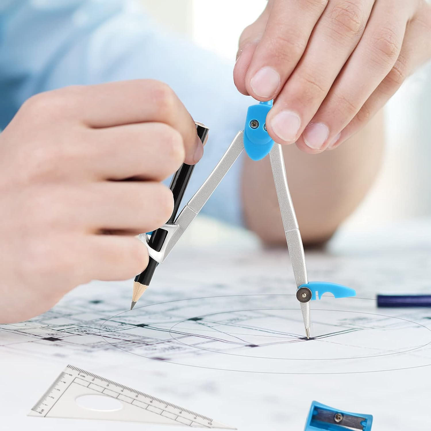 (10-tlg. Set) Geometrie Starter Kit Mathematik Schul Zubehör mit Bleistift / Radiergummi / Spitzer / Lineal / Zirkel - Blau