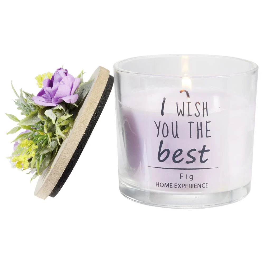 Bougie parfumée dans verre couvercle bois fleur message Ø8xH11cm
