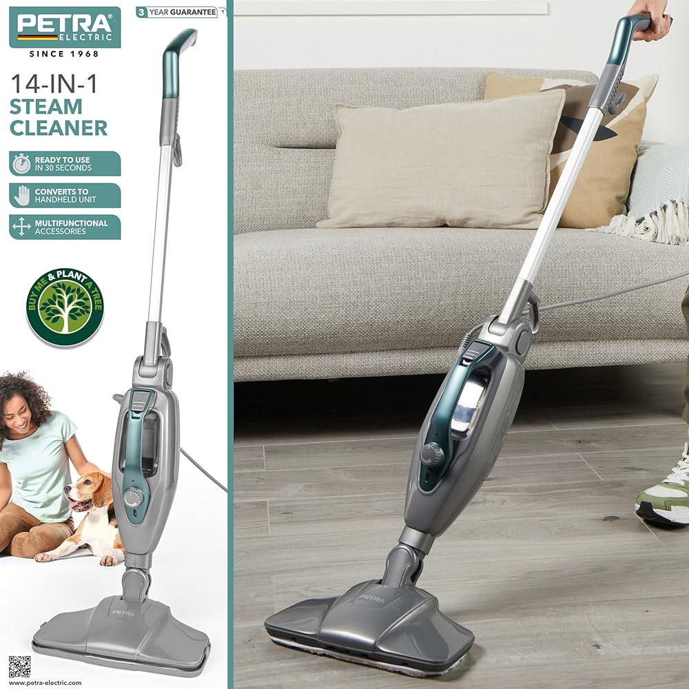 Petra PF01369VDE Nettoyeur vapeur vertical 14 en 1, conversion appareil à main, multi-usage, sans produits chimiques, assainisseur sols/tapis/maison, réservoir 350 ml, accessoires inclus, 1 300 W : Cuisine et Maison
