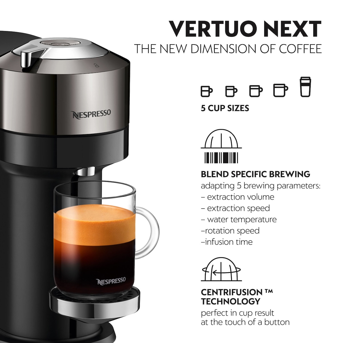 NESPRESSO® Vertuo Next kaffemaskin fra Krups, Mørk krom