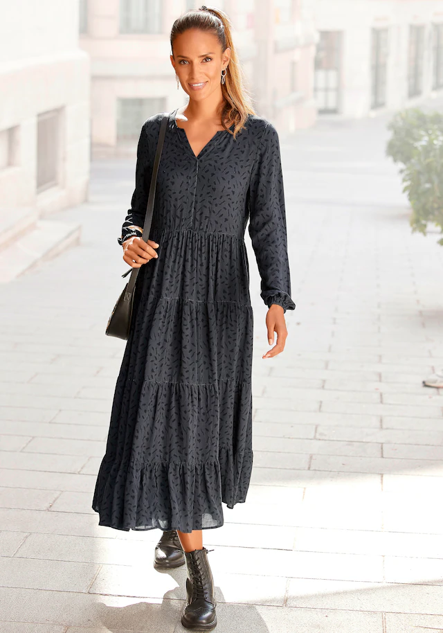 LASCANA Maxikleid mit Alloverprint und Volants, langärmlig, Druckkleid, casual-chic