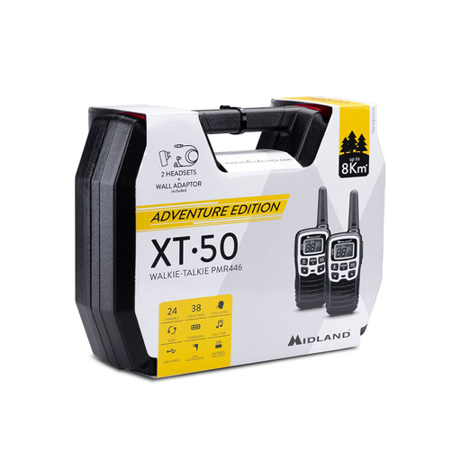 Rádio comunicador Midland XT50 Adventure, alcance de 8 km, com estojo e 2 fones de ouvido.