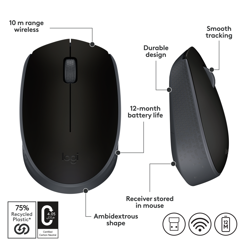 Logitech - M171 RF Wireless Optical 1000DPI Ambidextrous Black