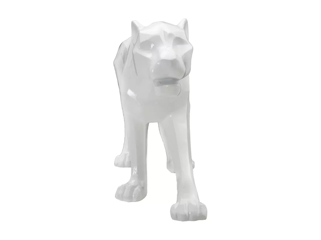 Sculpture géométrique de panthère blanche, 70x18x32,5 cm - Statue moderne inspirée du cubisme en résine