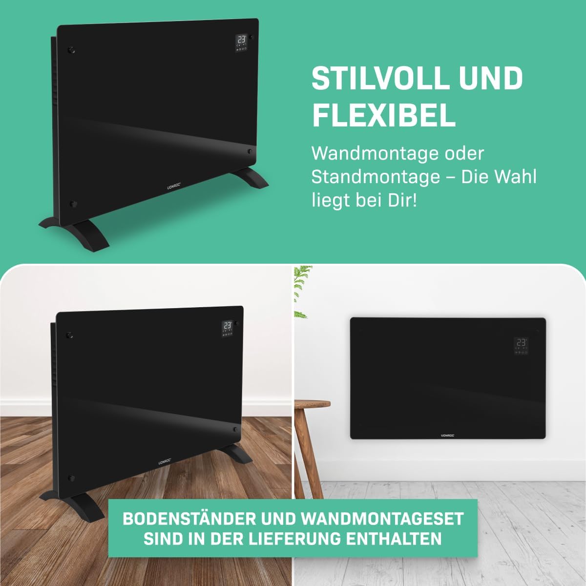 VONROC Elektroheizung energiesparend 2000W - Konvektor Heizung [24qm Räume] - Mobile Elektrische Heizung [App/Touch Steuerung] - Heizkörper 2in1 Wand-/Bodenmontage - Schwarz