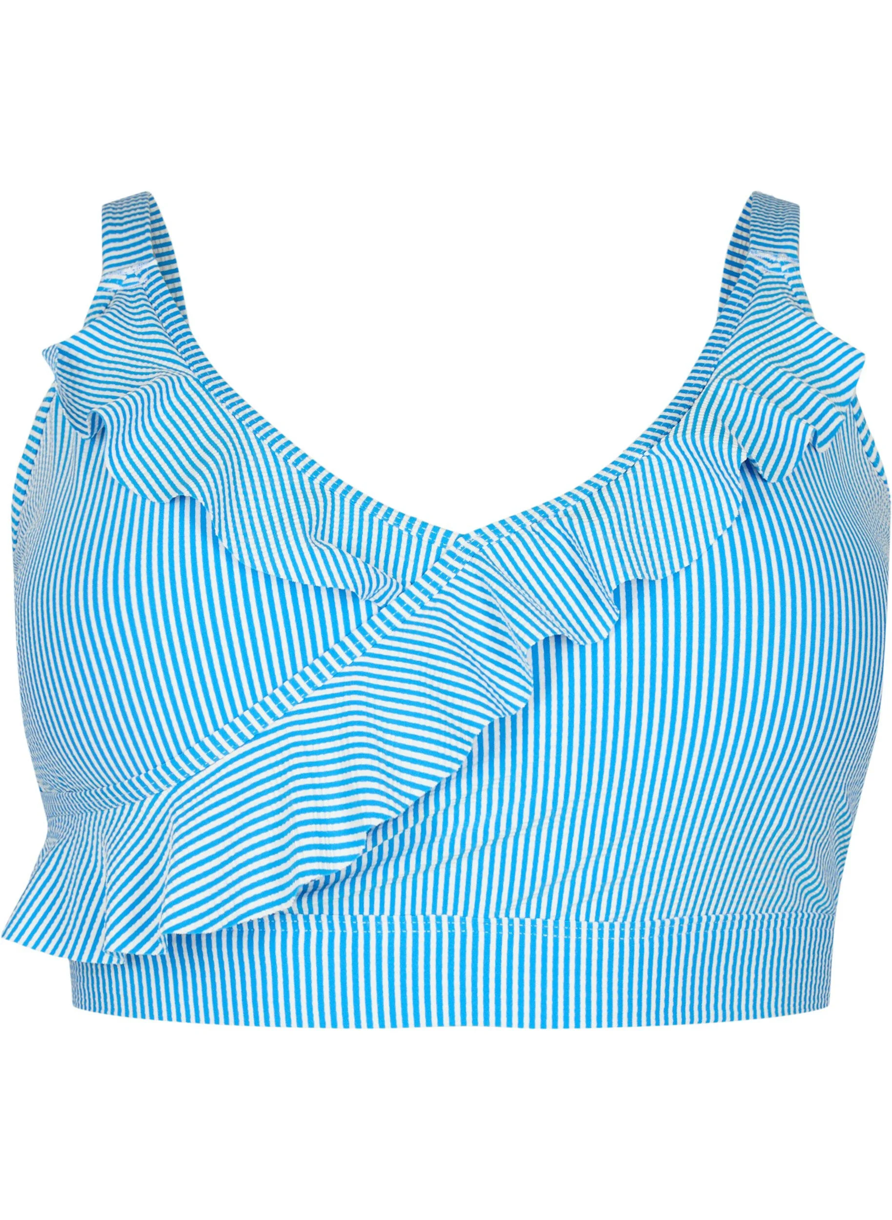 Stribet bikinitop med wrap og flæser