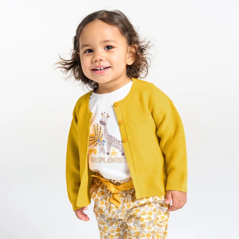 Gilet maille tricot effet pointelle jaune bébé fille Jaune