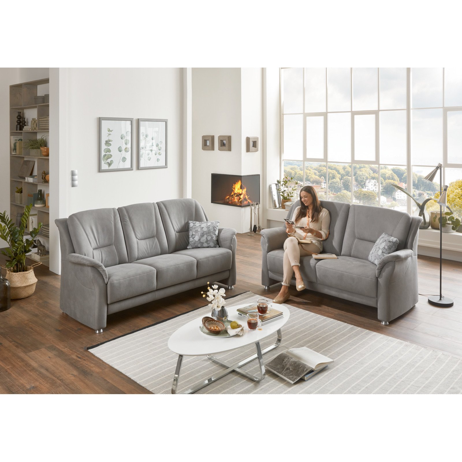 2er-Sofa Mainz Stoff grau, Boxspring-Polsterung