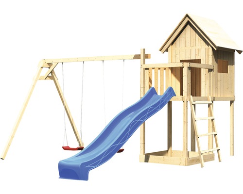 AKUBI Frieda houten speelhuis op palen met zandbak, dubbele schommel, glijbaan, blauw