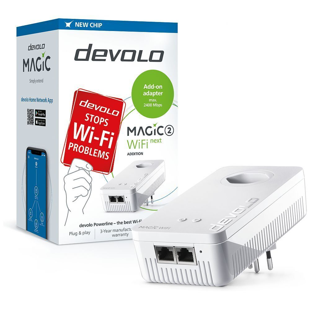 (2400Mbit/s) Magic 2 WiFi next Gigabit WLAN Erweiterung Powerline Adapter mit Steckdose und 2x RJ45 (8613) - Weiss