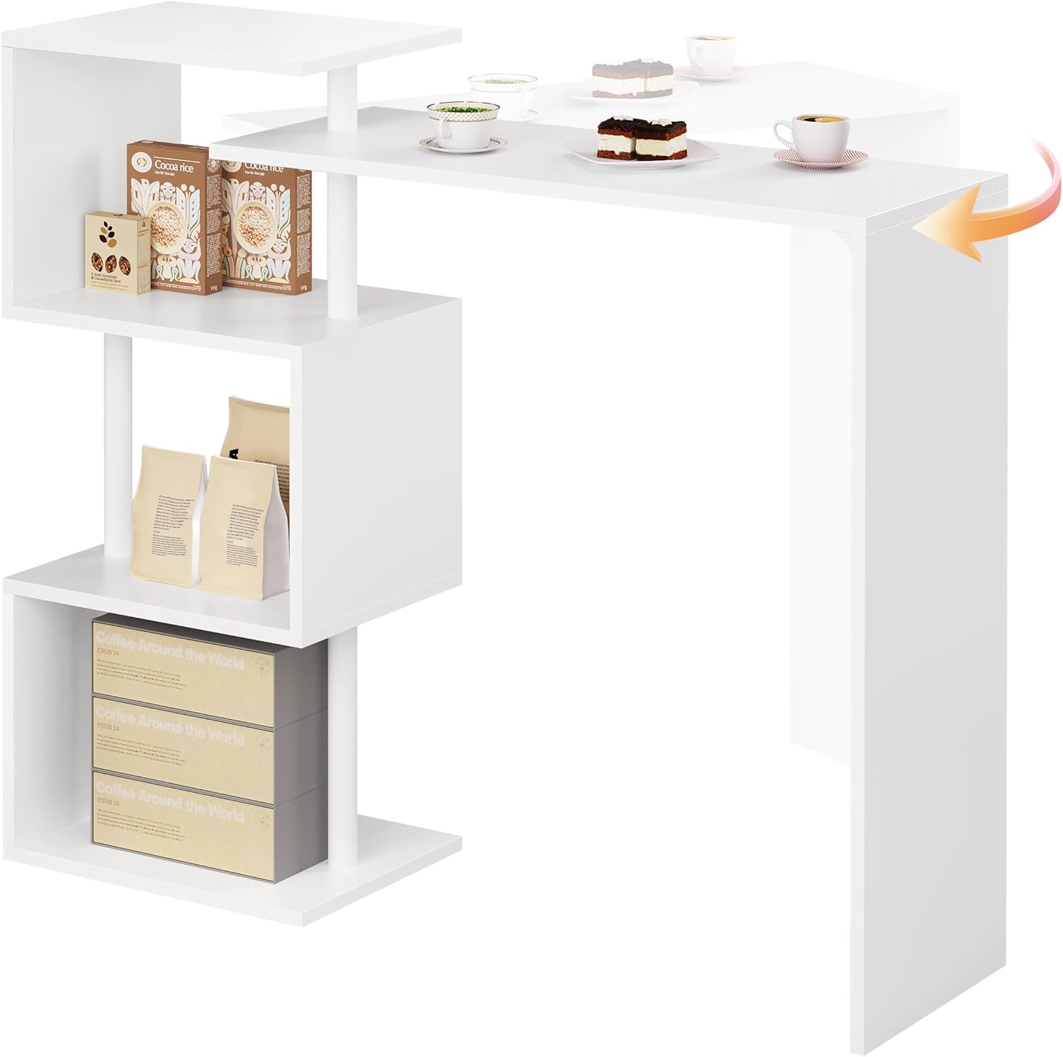 WOLTU Bartisch Stehtisch Bistrotisch Bartheke Tresentisch, mit 3 Ablagefläche, drehbar, Metall, MDF, 134x112x38cm(BxHxT), Weiß