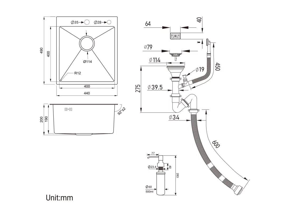 Évier Cuisine 1 Bac 44*49*20 CM,Lavabo Cuisine avec Distributeur Savon,Inox 304,Évier encastré/à Poser Évier avec Trou de Montage pour Robinet