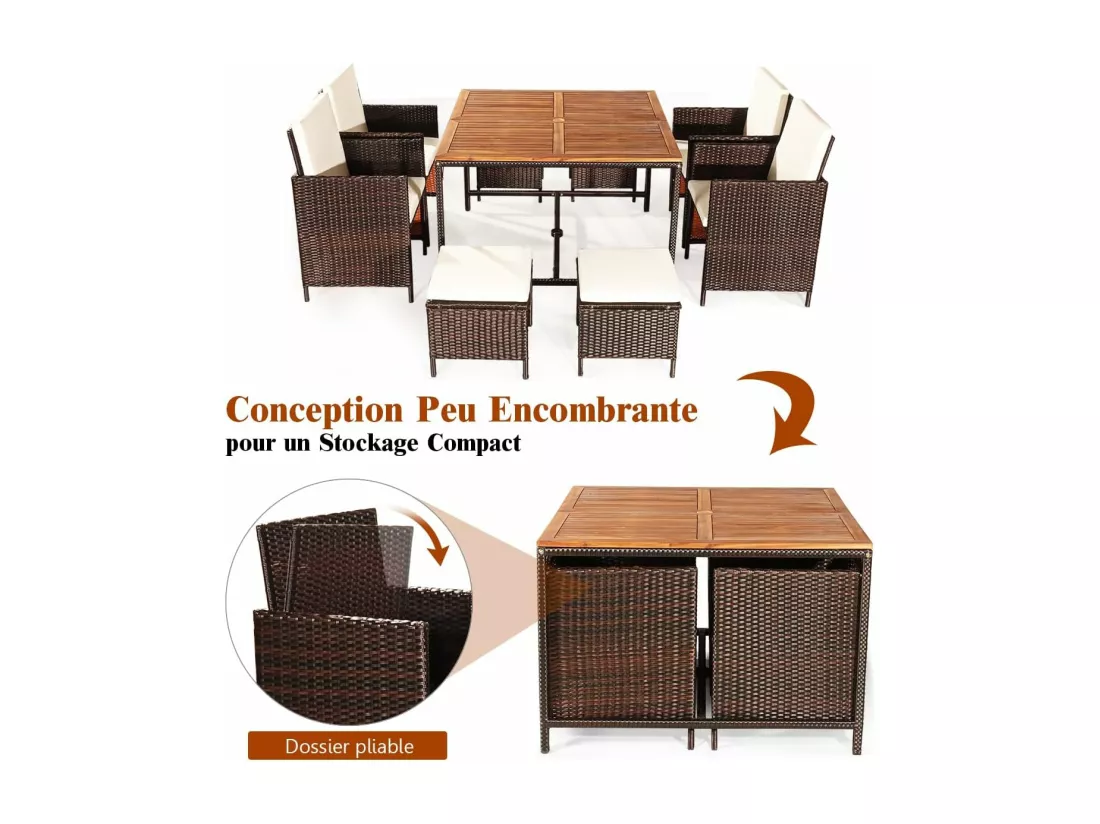 Salon de Jardin 9 Pièces, Ensemble Meuble de Terrasse avec Coussins et Repose-Pieds et Table en Rotin et fibre naturelle PE pour Véranda, Patio, Jardin, Terrasse, Piscine(Blanc)