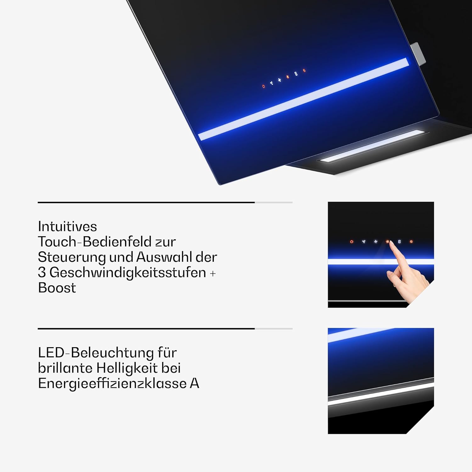 Klarstein Illuminosa Abzugshaube 60 cm - Kopffreihaube, 818 m³/h Boost, Touchpanel, LED-Beleuchtung, A++ Energieeffizienz, Umluft & Abluft, leise, Aluminium- & Kohlefilter