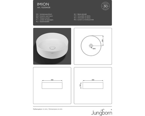 Jungborn IMION opzetwastafel, 40 cm, glanzend wit, inclusief keramische afvoerplug